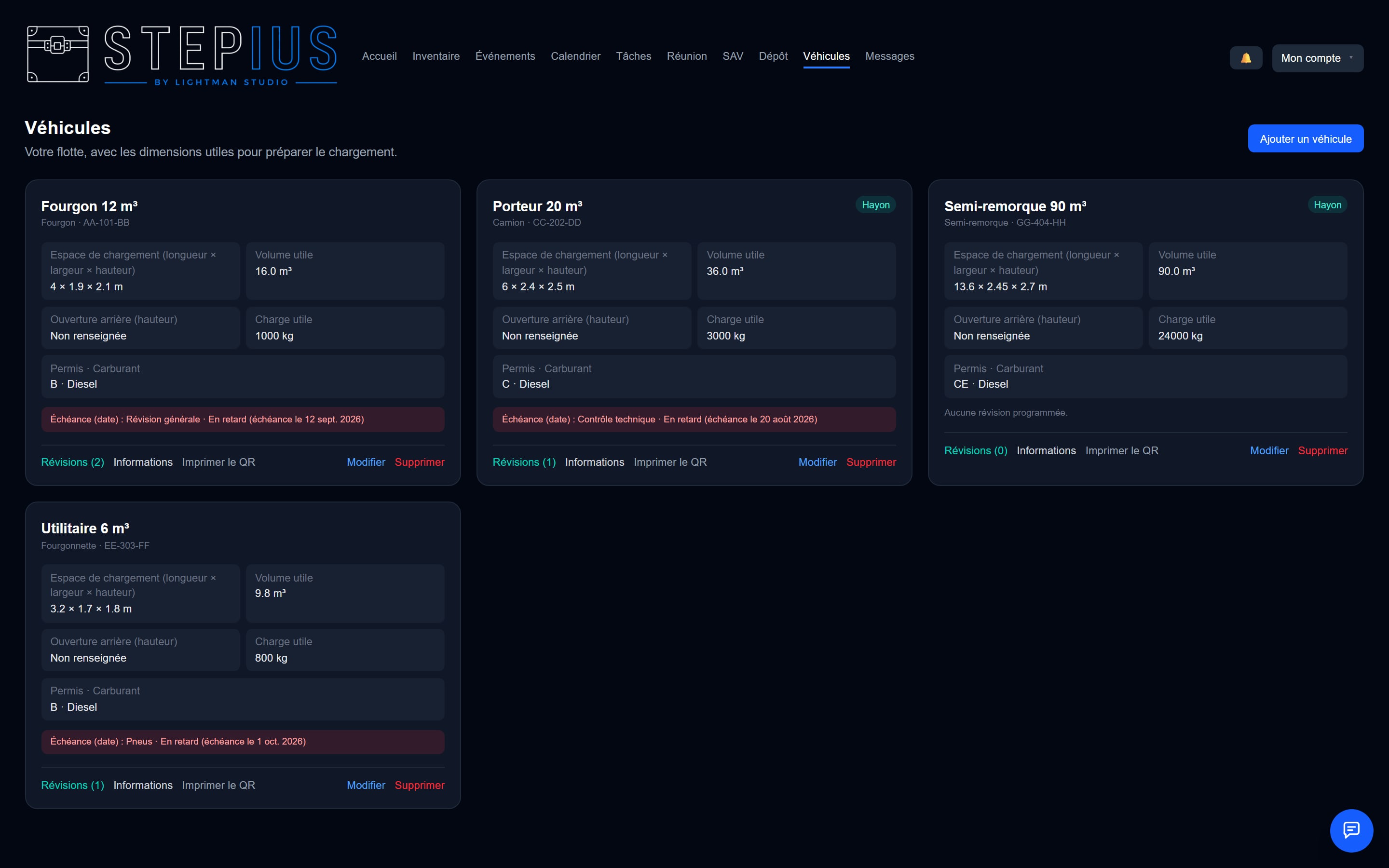 La page des véhicules